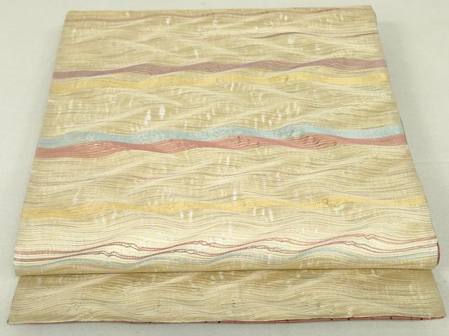 平和屋着物●本場筑前博多織　草木染　手織工房　染匠：小森久　両面　全通柄袋帯　よろけ縞　金糸　正絹　逸品　DAAT7708ob