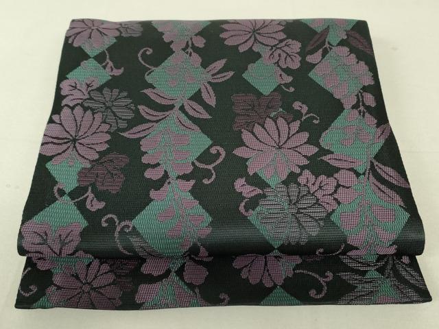 平和屋着物●西陣　川島織物　六通柄袋帯　草花菱間道　黒地　未使用　DAAT7746ob