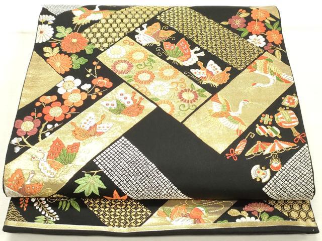 平和屋着物●西陣の名門　本家加納　六通柄袋帯　唐織　飛鶴更紗花蝶文　黒地　金糸　正絹　逸品　DAAT7859ob