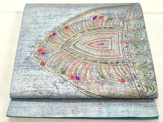 平和屋着物●太鼓柄袋帯　紬地　駒刺繍　抽象文様　金彩　正絹　逸品　DAAT7861ob