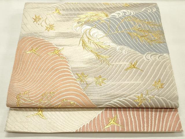 平和屋着物●西陣の名門　本家加納　六通柄袋帯　立波群れ鳥舞葉文　金銀糸　三越扱い　正絹　逸品　DAAT7883ob