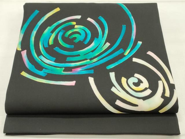 平和屋着物●塩瀬　九寸開き名古屋帯　抽象文様　黒地　正絹　逸品　DAAT7885ob