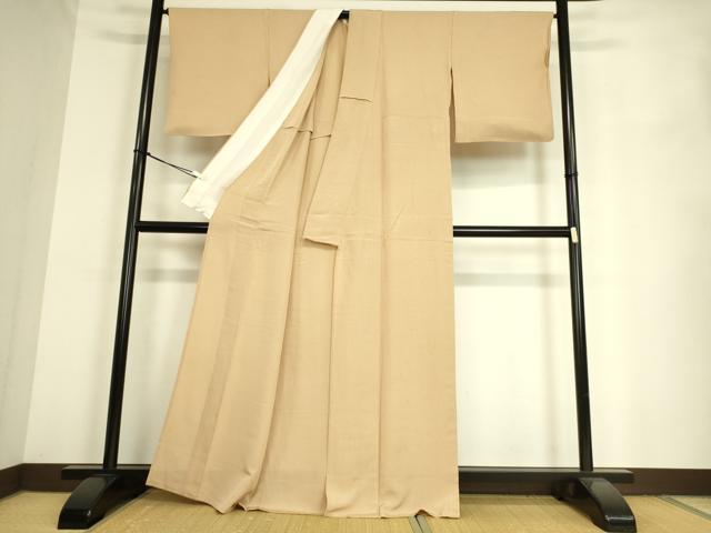 平和屋着物▽上質な色無地 単衣 縞地紋 薄香色 正絹