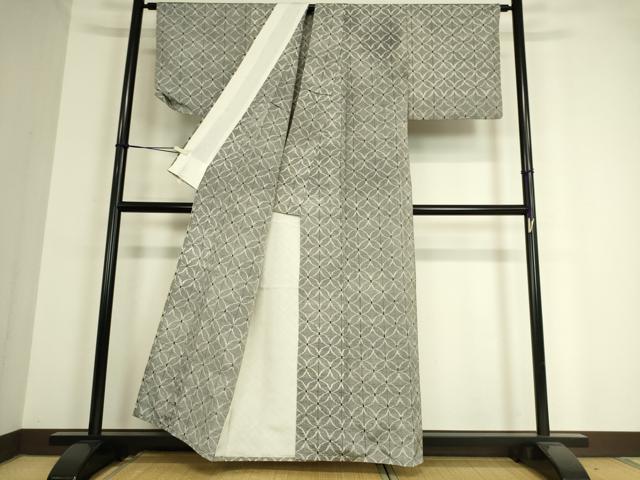 平和屋着物▽上質な紬　単衣　七宝文　正絹　逸品　DAAT9209az