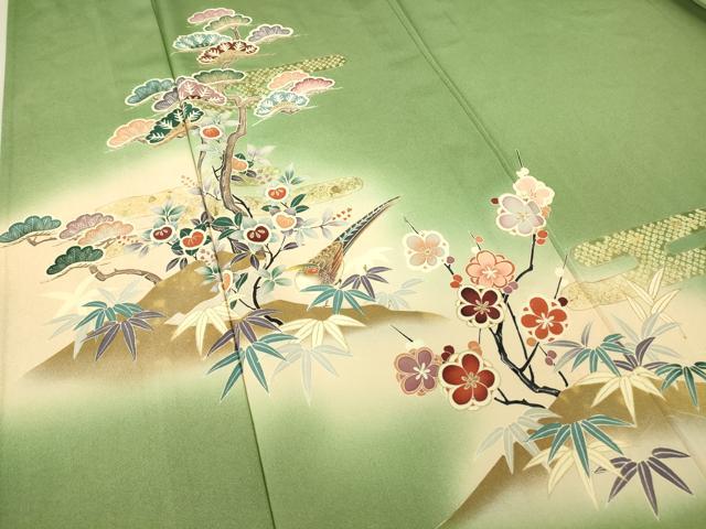 平和屋着物▽訪問着　単衣　雉　松竹梅　暈し染め　金彩　正絹　逸品　DAAT9236az_4