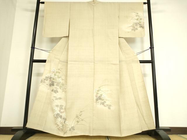 平和屋着物▽訪問着　単衣　紬地　草花文　手描き　正絹　逸品　DAAT9363az