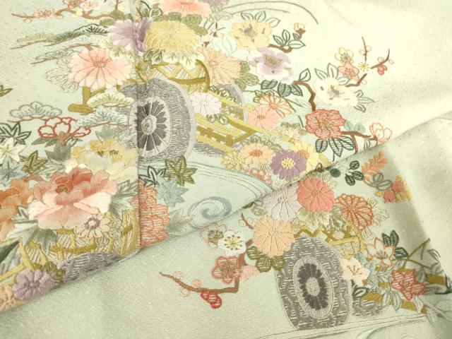 平和屋着物▽訪問着　単衣　総刺繍　花車文　金糸　正絹　逸品　DAAT9385az_6
