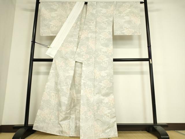 平和屋着物▽本場大島紬 白大島 単衣 雲取り花文 120亀甲 