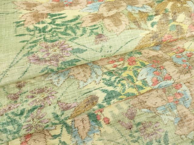 平和屋着物▽小千谷紬 　単衣　草花文 　正絹　逸品　未使用　DAAT9828az