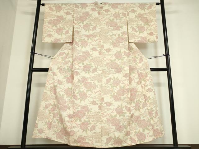 平和屋着物▽本塩沢 単衣 牡丹文 正絹 逸品 DAAT9853az