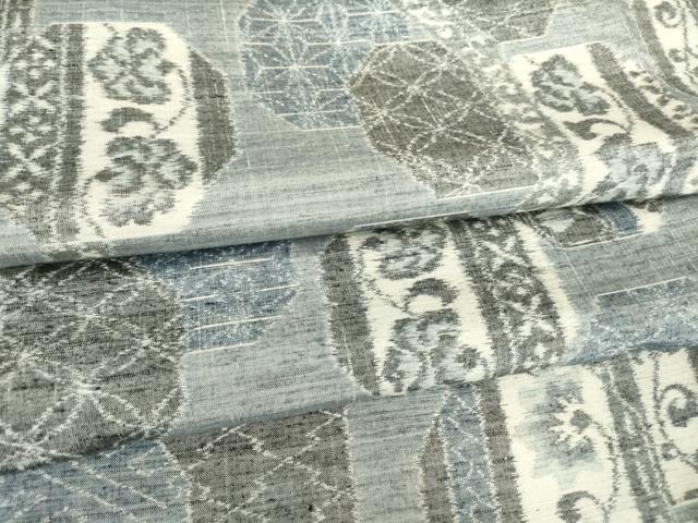 平和屋着物▽小千谷紬　単衣　亀甲更紗花文　正絹　逸品　DAAT9861az