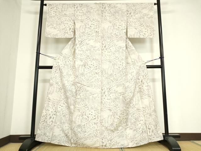 平和屋着物▽上質な小紋 単衣 紬地 草花文 正絹 逸品 DAAU2668ud