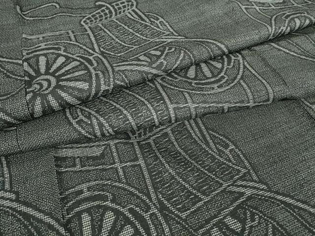 平和屋着物▽結城紬　単衣　御所車文　100亀甲　黒地　伊勢丹扱い　正絹　逸品　DAAT9938az