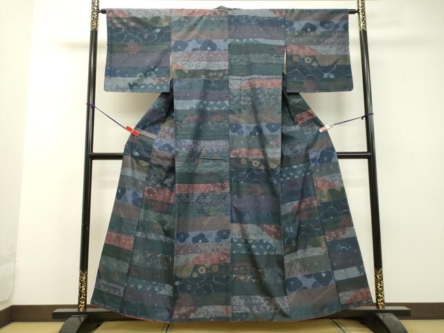 平和屋着物●小千谷紬　百柄　横段花文　正絹　逸品　DAAU0599tw