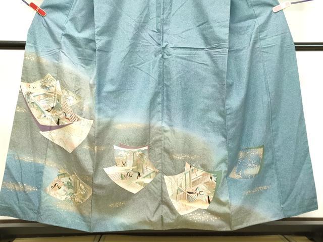 付け下げ　染大島紬　色紙散らし　金彩　波　流水　グレー　着物　021a d 付け下げ 染大島紬 色紙散らし 金彩 波 流水 グレー 着物 021a d