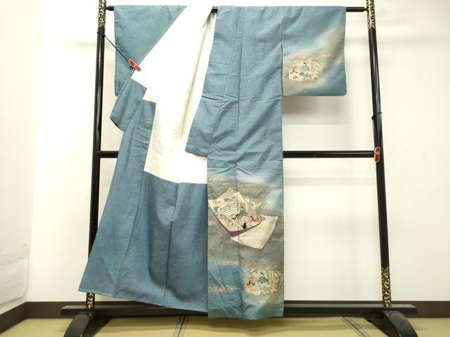 平和屋着物○本場染大島紬 訪問着 刺繍 色紙重ね人物風景文 金