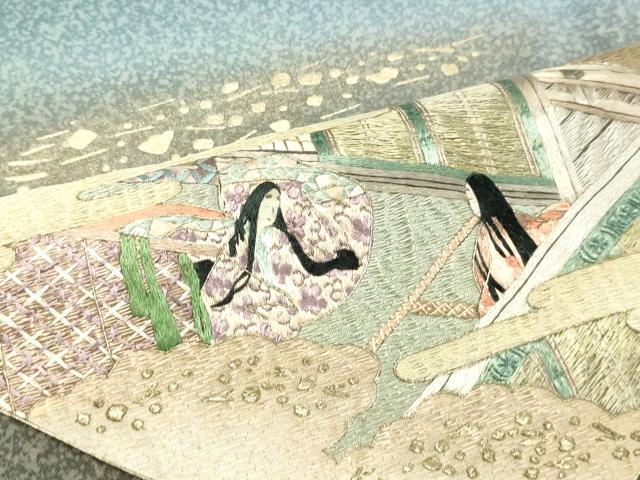 平和屋着物○本場染大島紬 訪問着 刺繍 色紙重ね人物風景文 金