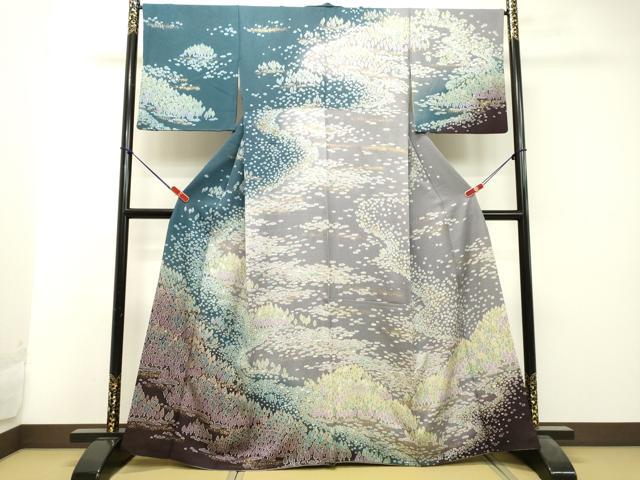 平和屋着物●訪問着　絞り　樹林文　暈し染め　金彩　金通し地　正絹　逸品　DAAU0655tw