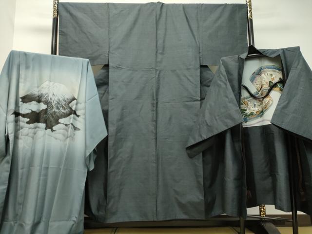 平和屋着物●男性　紬　アンサンブル　長襦袢セット（袷）　80亀甲　総詰め　正絹　逸品　DAAU0670tw