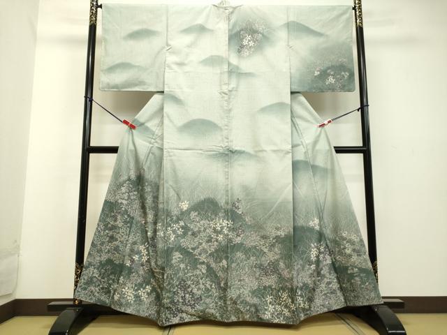 平和屋着物●訪問着　紬地　ろうけつ染め　草花文　正絹　逸品　DAAU0702tw