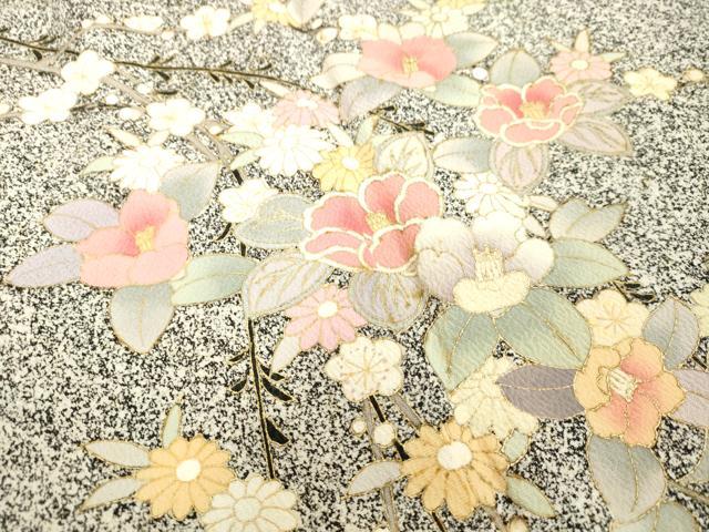 平和屋着物○訪問着 草花文 たたき染め 黒地 金彩 正絹 逸品 未使用