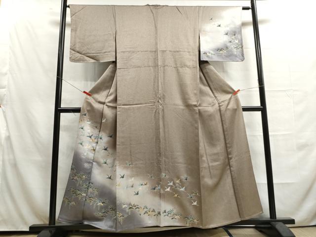 平和屋着物▽訪問着　単衣　飛鶴松文　暈し染め　金銀彩　反端付き　正絹　逸品　DAAU2673ud