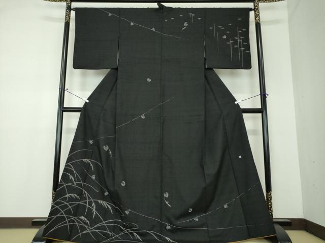 平和屋着物○訪問着 作家物 紬地 刺し子 総刺繍 雀 稲穂 黒地