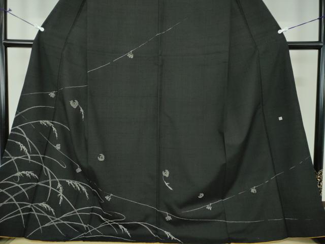平和屋着物○訪問着 作家物 紬地 刺し子 総刺繍 雀 稲穂 黒地