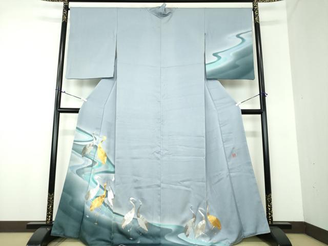 平和屋着物●国際的伝統工芸作家 十二代・藤林徳扇 苑寿 訪問着 駒刺繍 流水群れ鶴 立鶴 暈し染め 金糸 銀通し地 逸品 DAAU5109ps