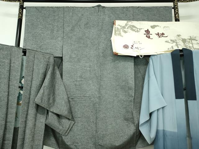 平和屋着物●男性　銀座もとじ　紬　アンサンブル・長襦袢(袷)セット　濃灰色　たとう紙付き　正絹　逸品　DAAU5124ps
