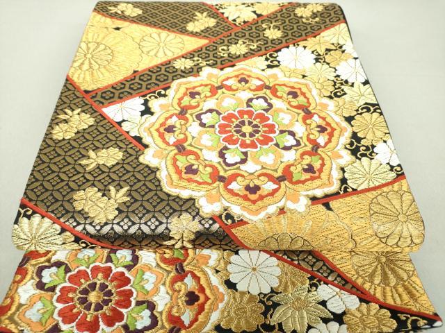 平和屋着物●西陣　河合康幸謹製　六通柄袋帯　唐織　正倉院花文　黒地　金糸　正絹　逸品　DAAU5146ps