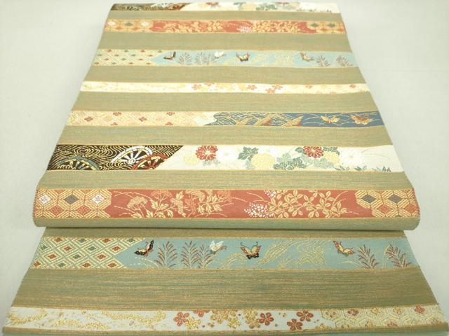 平和屋着物●西陣　河村織物　河村つづれ　太鼓柄袋帯　明日香摺箔綴　琳派　舞蝶飛鶴花間道　金糸　正絹　逸品　DAAU5148ps