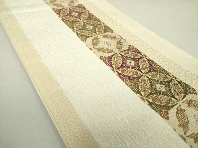 平和屋着物○六通柄袋帯 唐織 献上路七宝 銀通し地 正絹