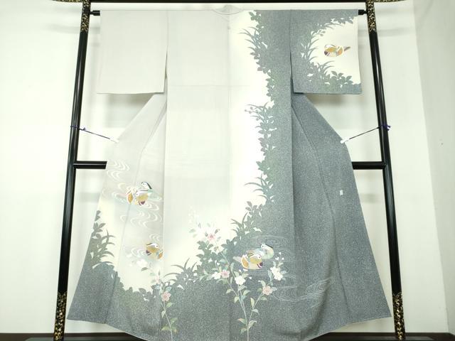 平和屋着物●訪問着　流水鴛鴦花文　草花シルエット　暈し染め　金銀彩　正絹　逸品　DAAU5199ps