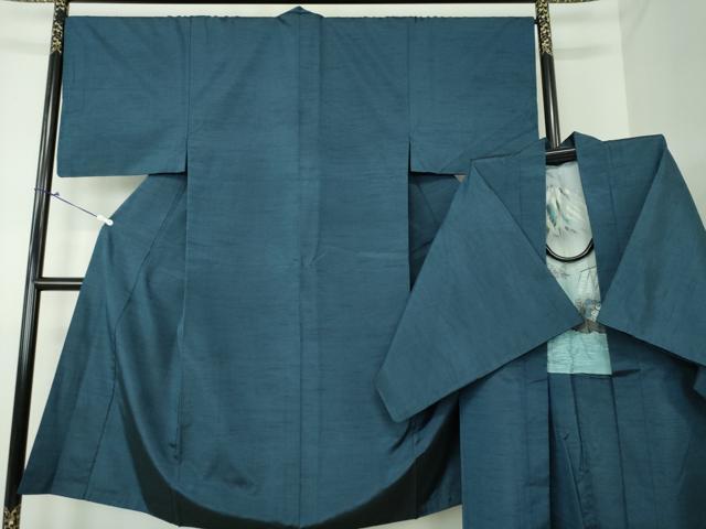 平和屋着物●男性　紬　アンサンブル　長羽織　色無地　紺地　正絹　逸品　DAAU5290ps