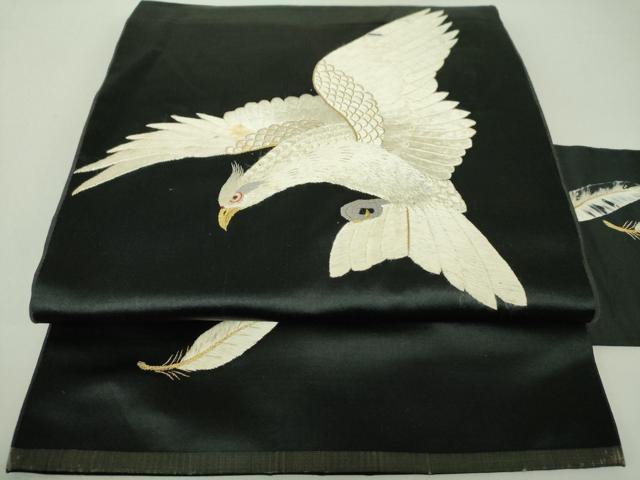 平和屋着物●アンティーク　大正ロマン　九寸名古屋帯　総刺繍　白鷹　黒地　金糸　正絹　逸品　DAAU5305ps