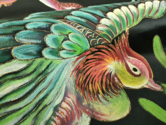 平和屋着物●アンティーク　大正ロマン　九寸名古屋帯　手描き　花鳥文　黒地　金彩　正絹　逸品　DAAU5308ps 平和屋着物○アンティーク 大正ロマン 九寸名古屋帯 手描き 花鳥文