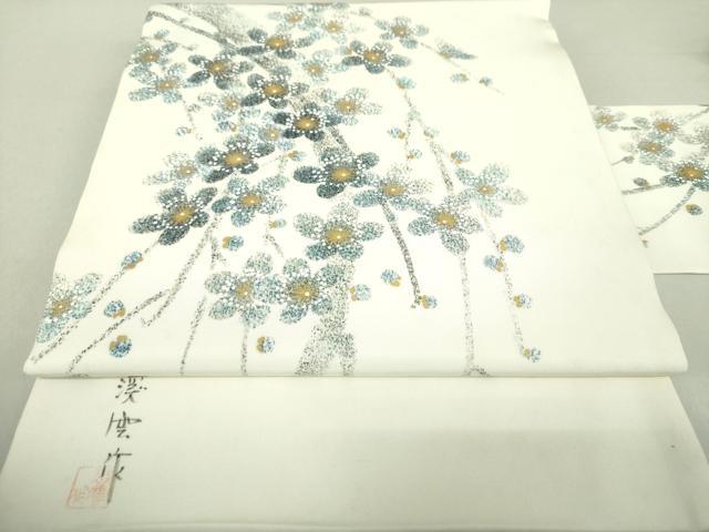 平和屋着物●塩瀬　九寸名古屋帯　渓雲作　枝垂れ梅　金彩　正絹　逸品　DAAU5323ps
