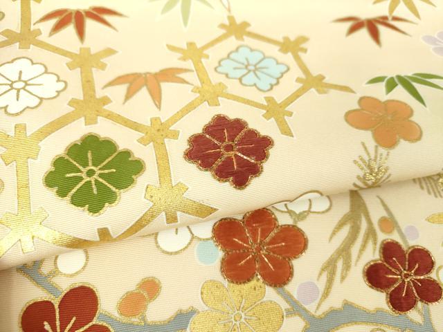 平和屋着物○塩瀬 九寸名古屋帯 駒刺繍 松竹梅 吉祥花文 金彩