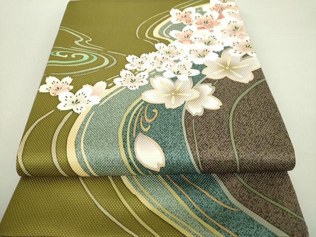 平和屋着物●中嶋まさひろ　蝋彩染作家　六通柄袋帯　手描き　流水桜　正絹　逸品　DAAU5410ps