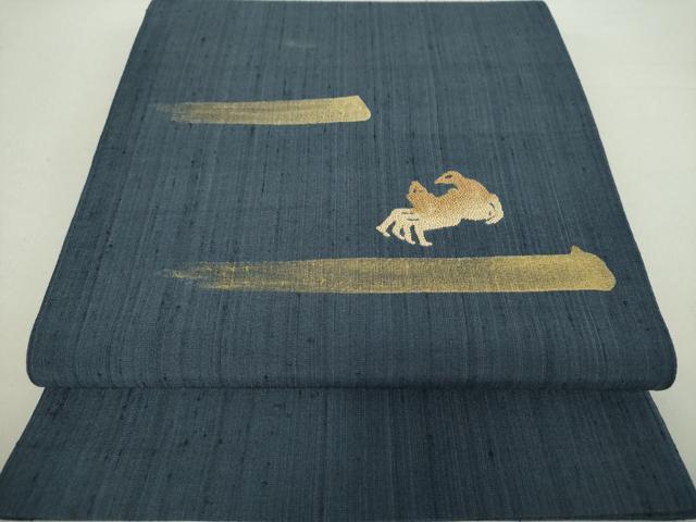 平和屋着物▽中国三大刺繍　相良刺繍　太鼓柄袋帯　紬地　スリーシーズン帯　春　夏　秋　蟹　金彩　正絹　逸品　DAAU5413ps