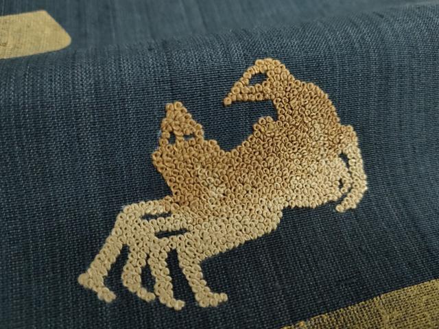 平和屋着物▽中国三大刺繍　相良刺繍　太鼓柄袋帯　紬地　スリーシーズン帯　春　夏　秋　蟹　金彩　正絹　逸品　DAAU5413ps_3