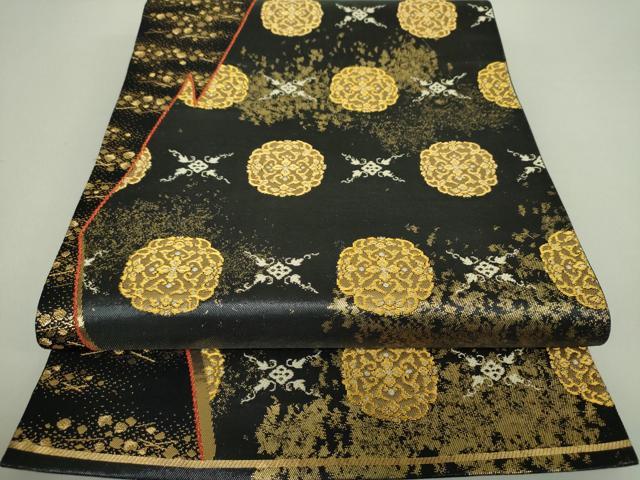 平和屋着物●西陣の名門　加納幸謹製　六通柄袋帯　松皮菱花間道　黒地　金糸　正絹　逸品　DAAU5417ps
