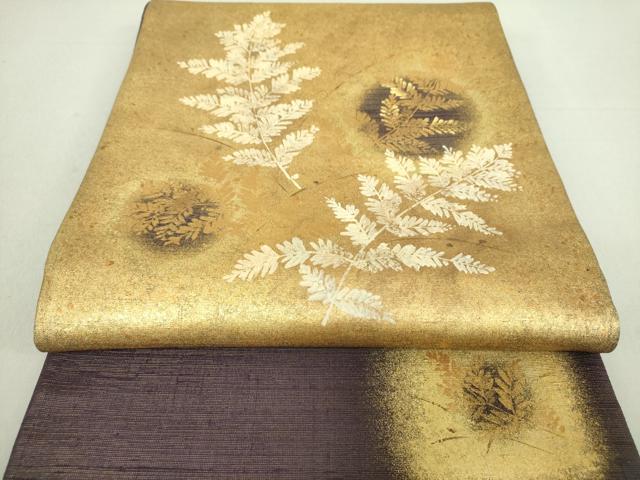 平和屋着物●太鼓柄袋帯　紬地　手描き　草葉文　金彩　正絹　逸品　未使用　DAAU5440ps