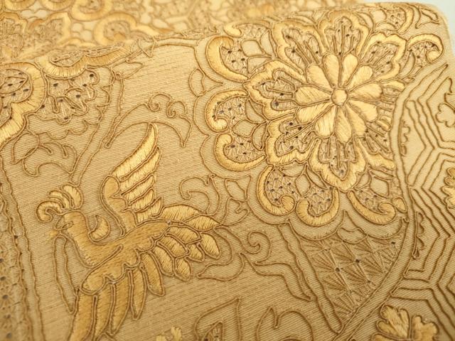 平和屋□極上 六通柄袋帯 スワトウ刺繍 相良刺繍 飾花文 金