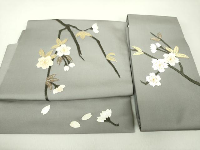 平和屋着物●塩瀬　つけ帯　区限刺繍　総刺繍　枝桜　金糸　正絹　逸品　DAAU5551ps