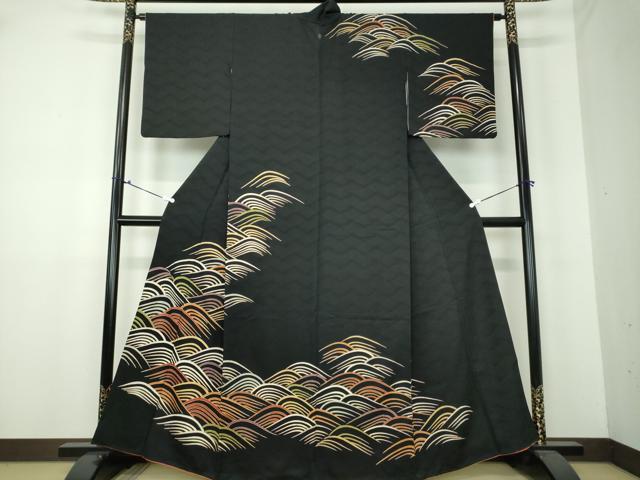 平和屋着物●訪問着　流水文　黒地　金彩　正絹　逸品　DAAU5642ps