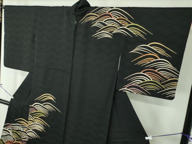 平和屋着物○訪問着 総絞り 流水扇面花文 黒地 金銀彩 正絹 逸品