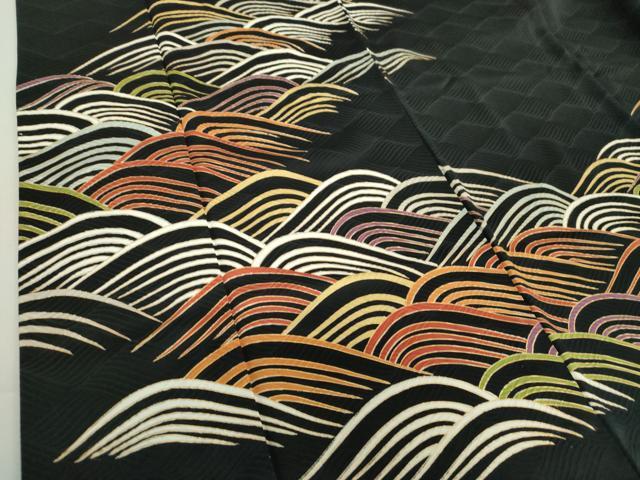 平和屋着物○訪問着 総絞り 流水扇面花文 黒地 金銀彩 正絹 逸品