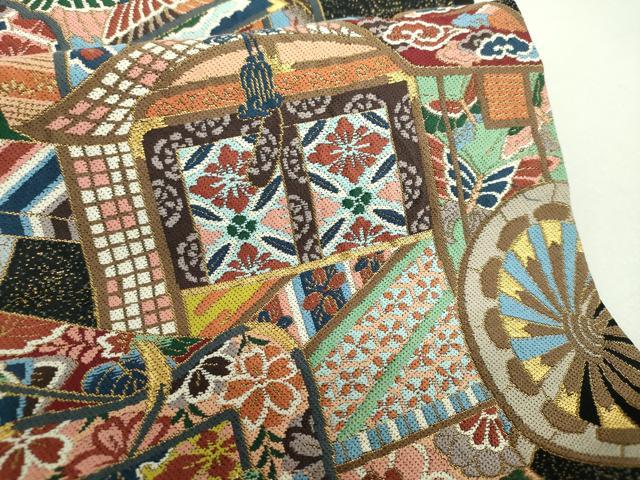 平和屋着物○西陣 白綾苑大庭 六通柄袋帯 唐織 御所車花鳥